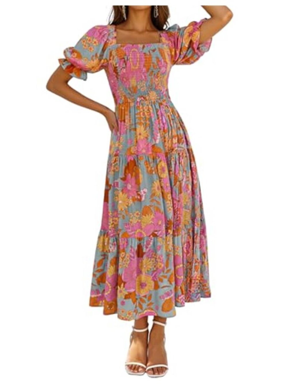 Womens Floral Maxi Dress Smocked Square Neck Puff Sleeve Boho Summer Dress